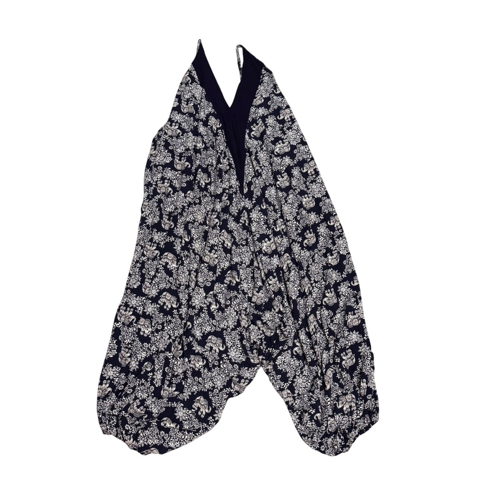 Harem Pants Jumpsuit Women One Size Navy Blue Excellent Elephant Print Rayon